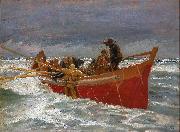 Michael Ancher The red rescue boat on its way out painting